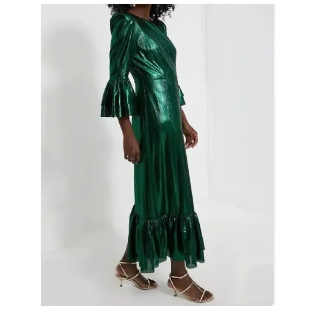 Tuckernuck Emerald Green Crinkle Lurex Lillith Dress Large Retail $188 - Picture 2 of 3